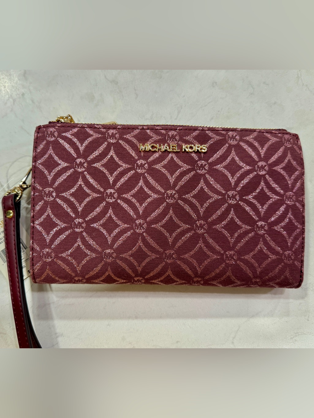 Michael Kors Jet Set Travel Large Double Zip Wristlet Oxblood Metallic Logo